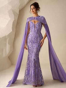 Coutiva A Luxurious And Elegant Full-Length Sequined Dress In Shiny Purple, With Spaghetti Straps, A Fitted Silhouette, A Zipper Closure And A Fishtail Hem, Along With A Large Sequined Chiffon Shawl. It Is Perfect For Parties, Weddings, Festivals And Spring. Luxury Dress Lilac Dress Elegant Gowns Glamorous Dress  Graduation Ceremony, School Opening, Music Festival, Birthday Party, Wedding, Afternoon Tea Gathering, Ball - Purple - View 5