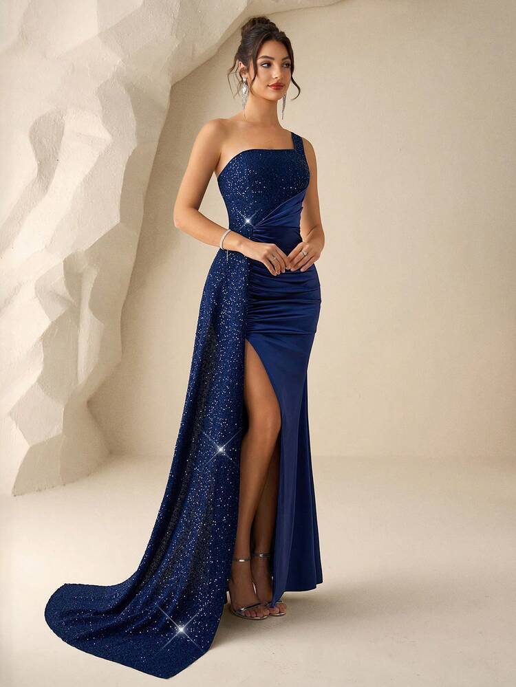 Vestido de Festa Formal Feminino com Fenda e Brilho - Azul Marinho - Visão 4