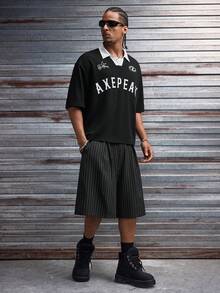 AXEPEAK Men's Pleated Pocket Striped Loose Casual Shorts - Black - View 6