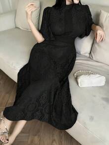 Modelyn 女士纯色简约高领短袖连衣裙，休闲日常穿着 - 黑色 - 查看 5