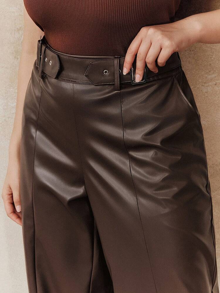 Plus Size Coffee Color Fashionable Commuter Wide Leg Pants, Autumn/Winter