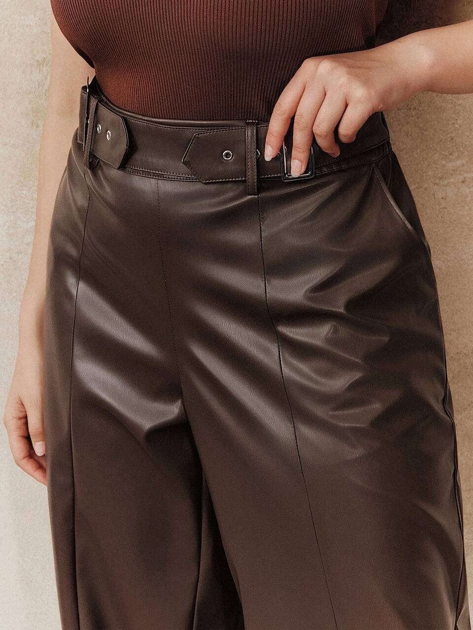 Plus Size Coffee Color Fashionable Commuter Wide Leg Pants, Autumn/Winter