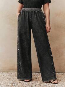 Anewsta 新款时尚设计女式不对称珍珠串珠水洗效果直筒大码休闲裤 - 黑色 - 查看 4