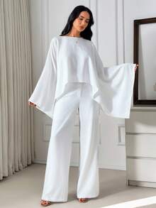 EURMUSE White High-Waisted Wide-Leg Pants And Flowing Cape Top Set – Elegant Evening Suit, Formal Women's Outfit, Chic Crepe Party Ensemble, Stylish Two Pieces, Modern Minimalist White Suit, Sophisticated Fashion, High Waist, Luxurious Occasion Wear - White - View 1