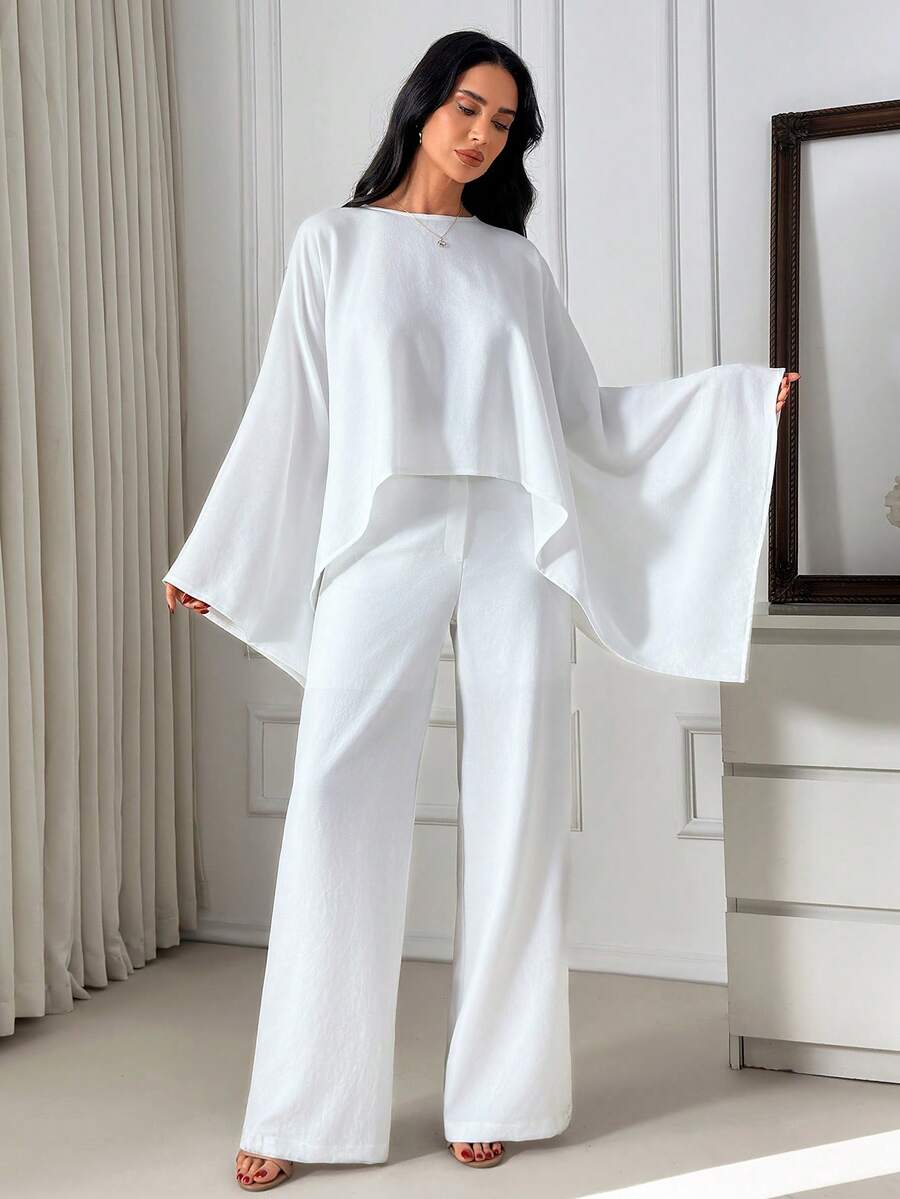 EURMUSE White High-Waisted Wide-Leg Pants And Flowing Cape Top Set – Elegant Evening Suit, Formal Women's Outfit, Chic Crepe Party Ensemble, Stylish Two Pieces, Modern Minimalist White Suit, Sophisticated Fashion, High Waist, Luxurious Occasion Wear - White - View 1
