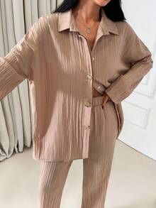 Beige Lounge Set With Gold Button Top And Wide-Leg Pants - Beige - View 1
