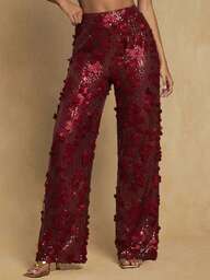 Glamine Hoge taille pailletten wijde beige lange broek voor feestkleding, volwassen kostuum, elegante outfits voor vrouwen, wijde broeken voor een date night, haute pailletten damesbroeken