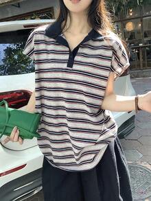 DAZY Women's Loose Striped Polo Collar Cap Sleeve T-Shirt - Blue - View 8