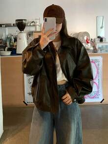 DAZY Women's Casual Street Style Solid Color Long Sleeve Motorcycle Jacket, Versatile For Spring And Autumn