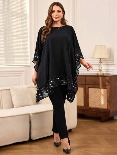Rosumi Plus Size  Women Black Round Neck Batwing Sleeve Decorative Simple Blouse, Casual For Daily Wear,Elegant For Women,Spring/Summer/Vacation