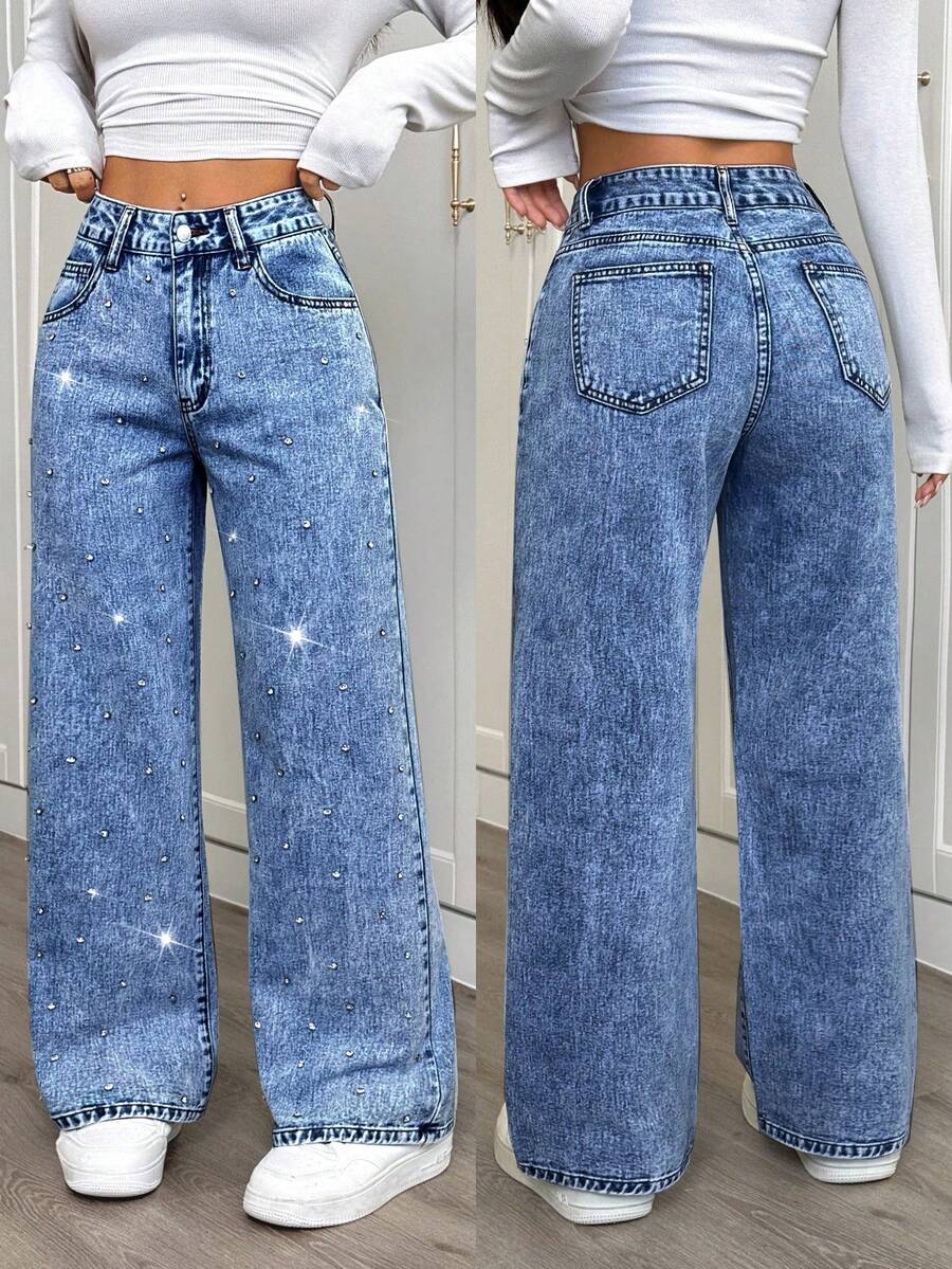 SHEIN PETITE Quần jean ống rộng, dáng rộng, thường ngày, có túi đính đá giả cho nữ - Rửa tối - Xem 1