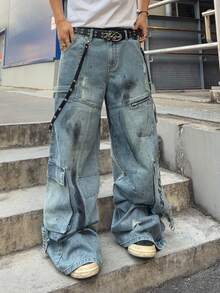 ROMWE MEN Spring/Summer Casual Graphic Men'S Washed Distressed Letter Embroidery Loose Fit Cargo Jeans - Baby Blue - View 5