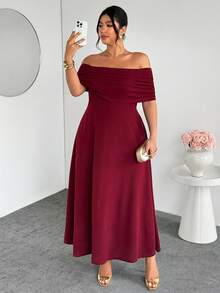 Firerie Plus Size Women's Elegant Minimalist Chic Romantic Fashion Sexy Vacation & Work Occasion Off Shoulder High Waist A-Line Maxi Dress, Spring/Summer Plus Size Dresses Burgundy Sexy Plus Size Dress Off Shoulder Dress Curve Off The Shoulder Plus Size Dress - Burgundy - View 5