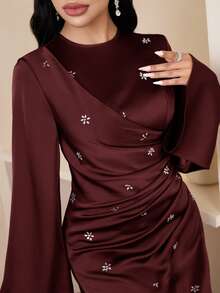 Veilorie 女士圆领喇叭袖水钻装饰褶皱连衣裙，优雅 - 酒紅色 - 查看 6