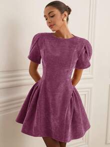 Revavyn Tulip 3D Short Sleeve Round Neck Hem Split Puff Skirt Mini Princess Dress For Women - Purple - View 4