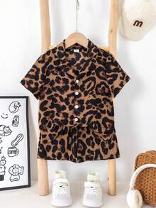 SHEIN 2pcs Kids Boys Leopard Print Lapel Short Sleeve Cardigan & Elastic Waist Shorts Set, Suitable For Spring/Summer - Multicolor - View 6