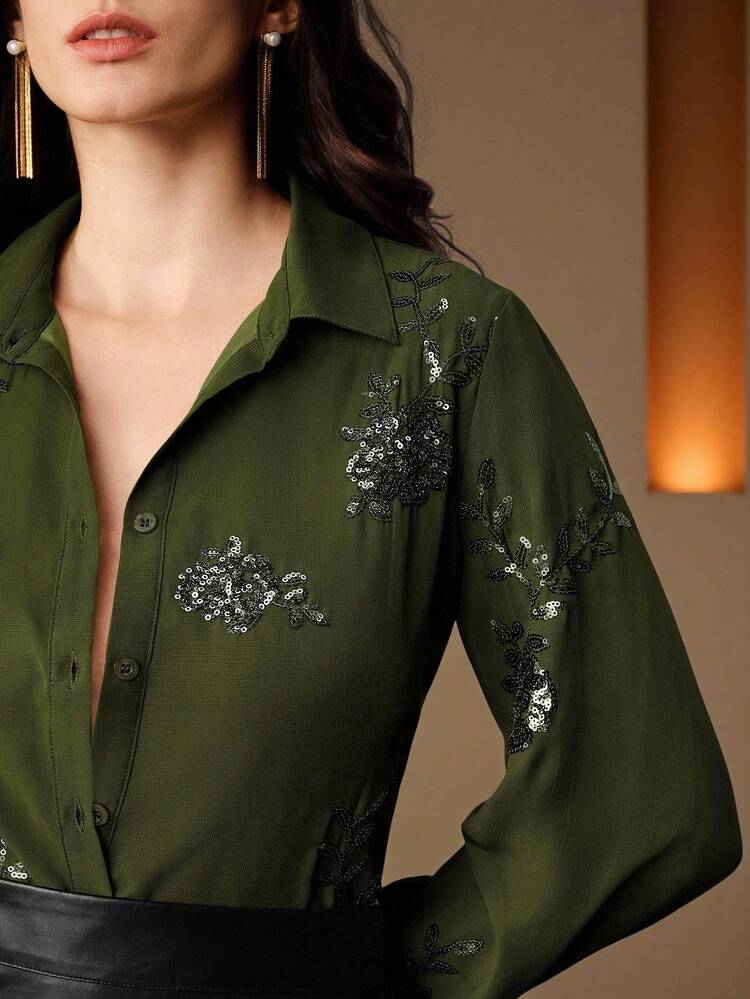 Vintage Design Exquisite Embroidered Long Sleeve Shirt For Women, Elegant, Chic, Stylish, Suitable For Fall, Winter, New Year, Going Out