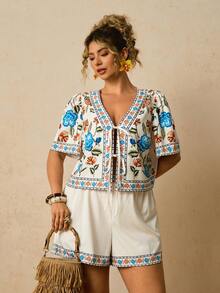 Travachic 大码女式碎花两件套，前系蝴蝶结上衣搭配宽松短裤，浪漫春日旅行约会装扮 - 彩色 - 查看 1