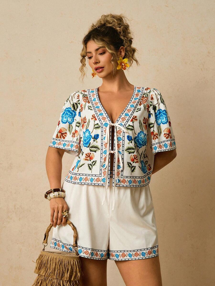 Travachic 大码女式碎花两件套，前系蝴蝶结上衣搭配宽松短裤，浪漫春日旅行约会装扮 - 彩色 - 查看 1