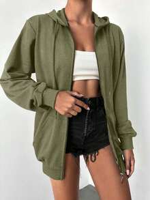 EURMUSE 100%纯棉纯色拉链抽绳连帽衫 - 軍綠色 - 查看 5