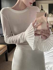 DAZY Women's Elegant 2 In 1 Splice Shoulder Long Sleeve T-Shirt, Fitted, Suitable For Spring & Summer - White - View 1