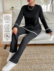 EURMUSE 撞色飾邊長袖 T 恤和褲子套裝 - 黑色 - 查看 1