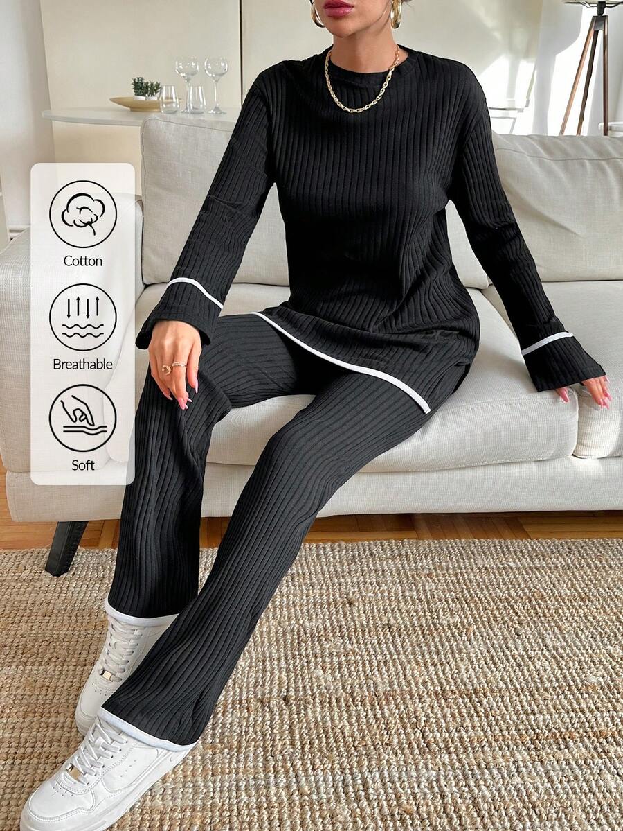 EURMUSE 撞色飾邊長袖 T 恤和褲子套裝 - 黑色 - 查看 1