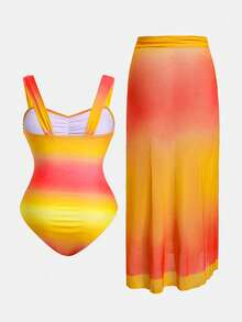 Swim Oasis Plus Size Women 2pcs Gradient Ruched One-Piece Swimsuit - Yellow - View 6