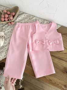 SHEIN 女婴蝴蝶结装饰背心和裤子套装 - 粉色 - 查看 3
