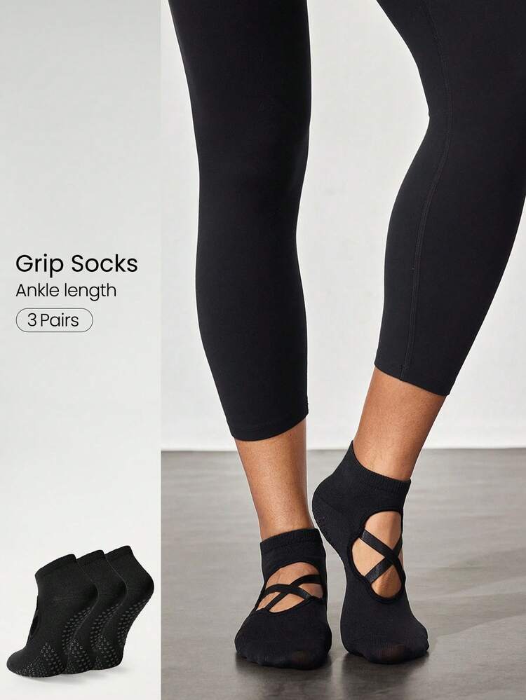3 pares de calcetines negros antideslizantes sin costuras, con correas, para yoga y pilates