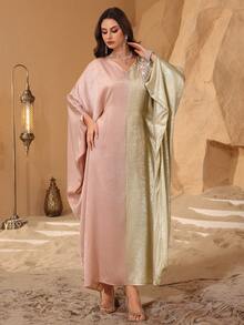 Al Najma Elegant Middle Eastern Style Batwing Sleeve Patchwork Jacquard Robe, Slimming Kaftan Jalabiya Dress - Apricot - View 4