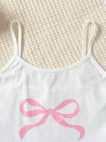 SHEIN 3pcs Tween Girls Casual Knit Pajama Set, Pink Cute Bow Print Camisole, Long Pants & Shorts - Baby Pink - View 6