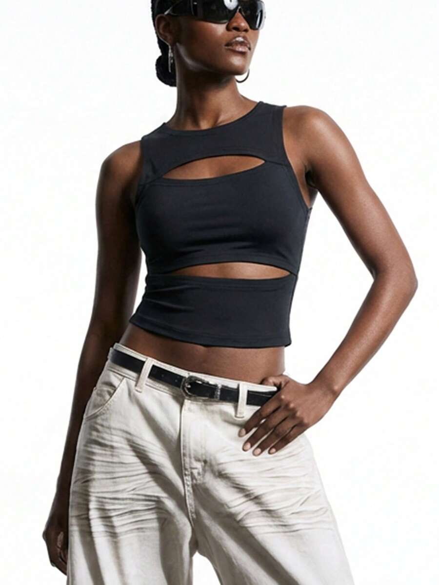 SHEIN EZwear 女士性感純色圓領空心背心上衣