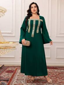 Al Najma Plus Size Women's Fringe Decorated Turkish Maxi Dress & Arabic Traditional Abaya Kaftan Jalabiya Dress - Dark Green - View 1