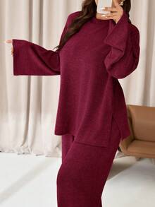 大码女装秋冬时尚休闲宽松舒适日常高领长袖商务套装，搭配卡其色阔腿裤，秋季服装，机场穿搭，简约风格，裤装套装 - 紅色 - 查看 1