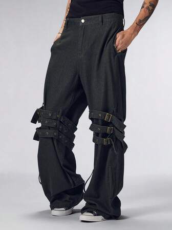 Street Life Herren Gerades Bein Jeans mit Bindebändern in Unifarbe mit Gürtelschlaufen, modisch weite Passform