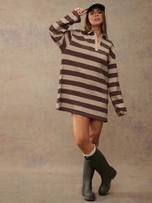 WESTFADE Striped Waffle Knit Long Sleeve Mini Polo Dress - Coffee Brown - View 3