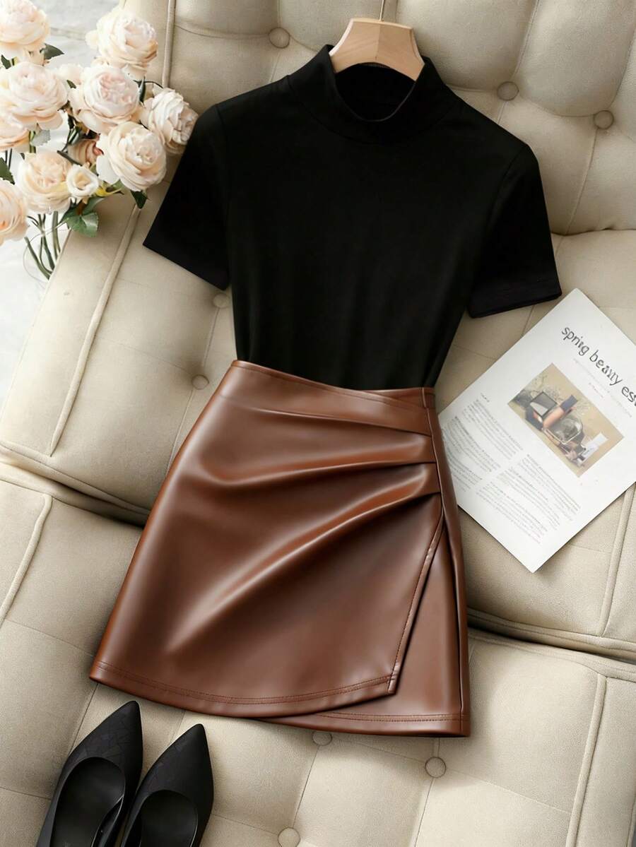 Franclia Fashionable New High-Neck Short-Sleeved Slim-Fitting Black Vest + Stylish Brown Glossy Leather PU Skirt, Irregular Mini Skirt, Spring/Summer High-Waisted Slimming Bodycon Sexy Pleated Women's Two-Piece Set,Summer,Spring,Valentine's Day ,Romance , Dating,Beach, Wedding,Birthday,Going Out,Elegant,Casual,Vacation,Graduation Season Attire, Fashionable Casual Commuter Wear, Business Office Wear, Versatile And Stylish Everyday Casual Wear, Urban Teacher's Professional Attire - Brown - View 1