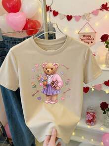 Camiseta de algodón con estampado de oso de peluche con flores y corazones para mujer estilo dulce y romántico ideal para San Valentín - Albaricoque - Ver 11