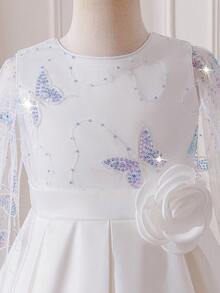 年轻女孩网纱拼接亮片刺绣蝴蝶装饰白色婚纱 - 白色 - 查看 10
