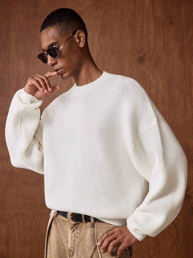 Men's New Solid Color Drop Shoulder Long Sleeve Sweater - Loose, Casual, Comfortable Cream Outfit Men Cream Sweater Pullover Sweater White Sweater Men