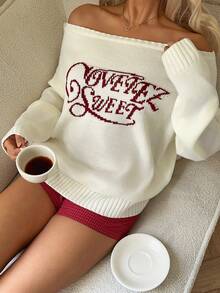 CovetEZ Áo len nữ tay dài trễ vai dáng rộng họa tiết chữ cái dệt jacquard - trắng - Xem 7