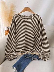 CosyJoli Plus Size Women Crew Neck Striped T-Shirt With Tassel Hem Design, Casual All-Match Versatile Tee Spring - Grey - View 5