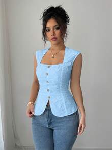 Elenzga Áo kiểu nữ mùa hè thích hợp cho đi chơi, hẹn hò, đi biển, nghỉ mát, phong cách Bohemian, miền Tây, đám cưới, lễ hội âm nhạc, thanh lịch, ngọt ngào, quyến rũ, lãng mạn, dệt trắng, thêu, cổ vuông, cài nút eo kiểu cổ điển. - Màu xanh nhạt - Xem 5