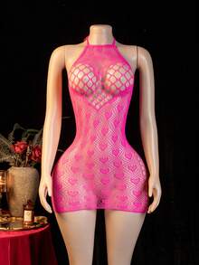 SHEIN 1件装女士露背吊带性感网纱连衣裙 - 玫紅色 - 查看 6