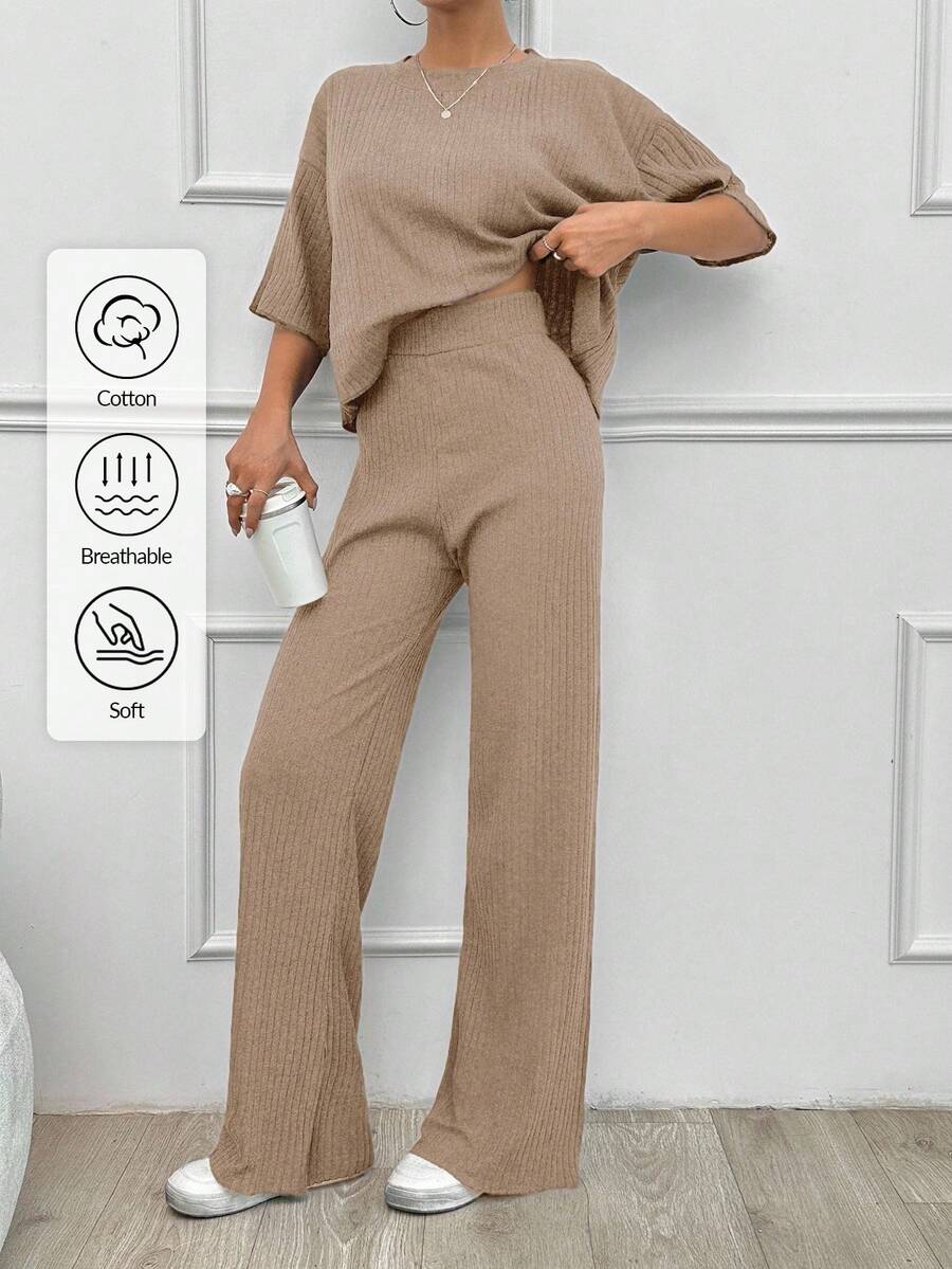SHEIN Tall Cotton Simple Summer Solid Loose Drop Shoulder Short Sleeve Top And Straight Pants - Mocha Brown - View 1