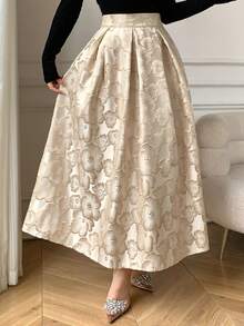 DAZY 女士印花A字褶裥半身裙，优雅半身裙 - 杏色 - 查看 2