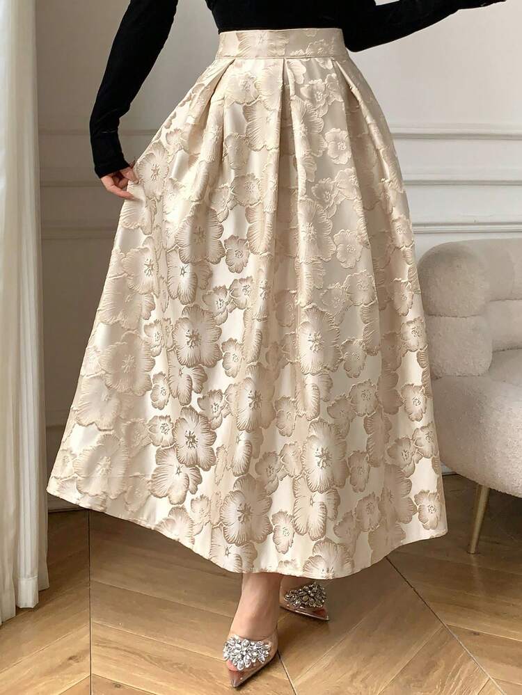 Women's Floral Print A-Line Skirt With Pleated Design, Elegant Skirt
