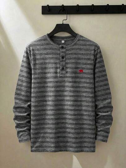 ESTAVOR Men's Henley Neck Long Sleeve Tee Soft Stripe Shirt With Embroidered Bear