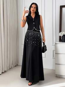EURMUSE Women's Fashionable And Elegant Vest And Skirt Set - Black - View 5